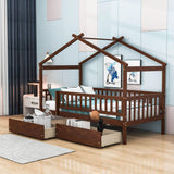 Twin Size Wood House Toddler Bed Frame with Rails and Storage