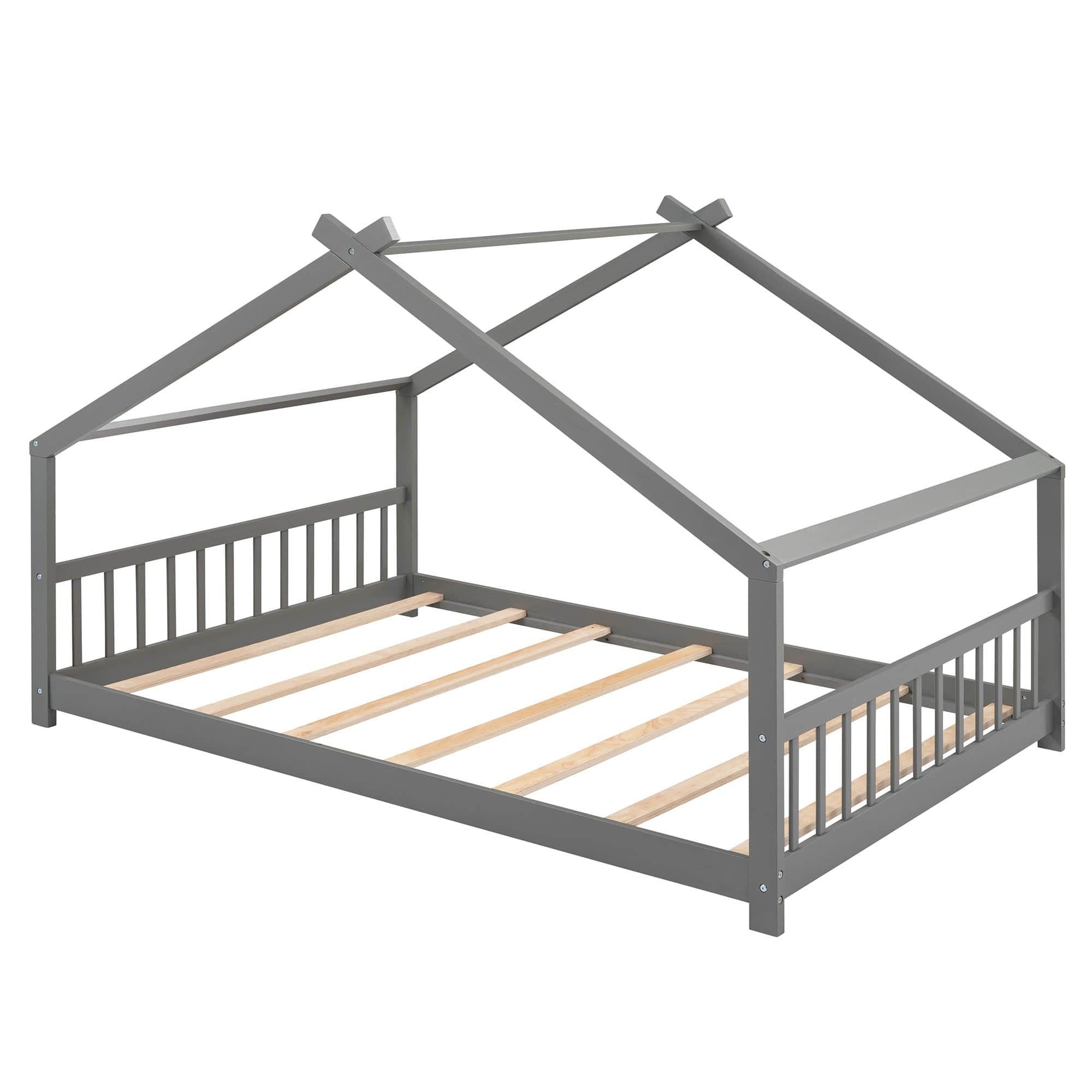 Wooden Full Size Low House Bed Frame for Toddler, Kids