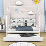 Wooden Kids House Full Size Bed with Trundle, Storage and Headboard - [Shelves]