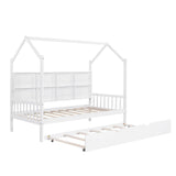 Twin Size Kids House Bed Frame with Twin Trundle and Shelf above Bed