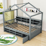 Wood Twin Size House Storage Bed Frame with Shelves and Mini-Cabinet