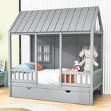 Wooden Twin House Kids Bed with Twin Trundle Bed and Rails