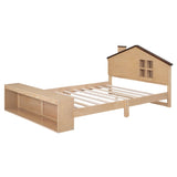 Kids Full Size Wood House Platform Bed Frame with LED Lights and Storage