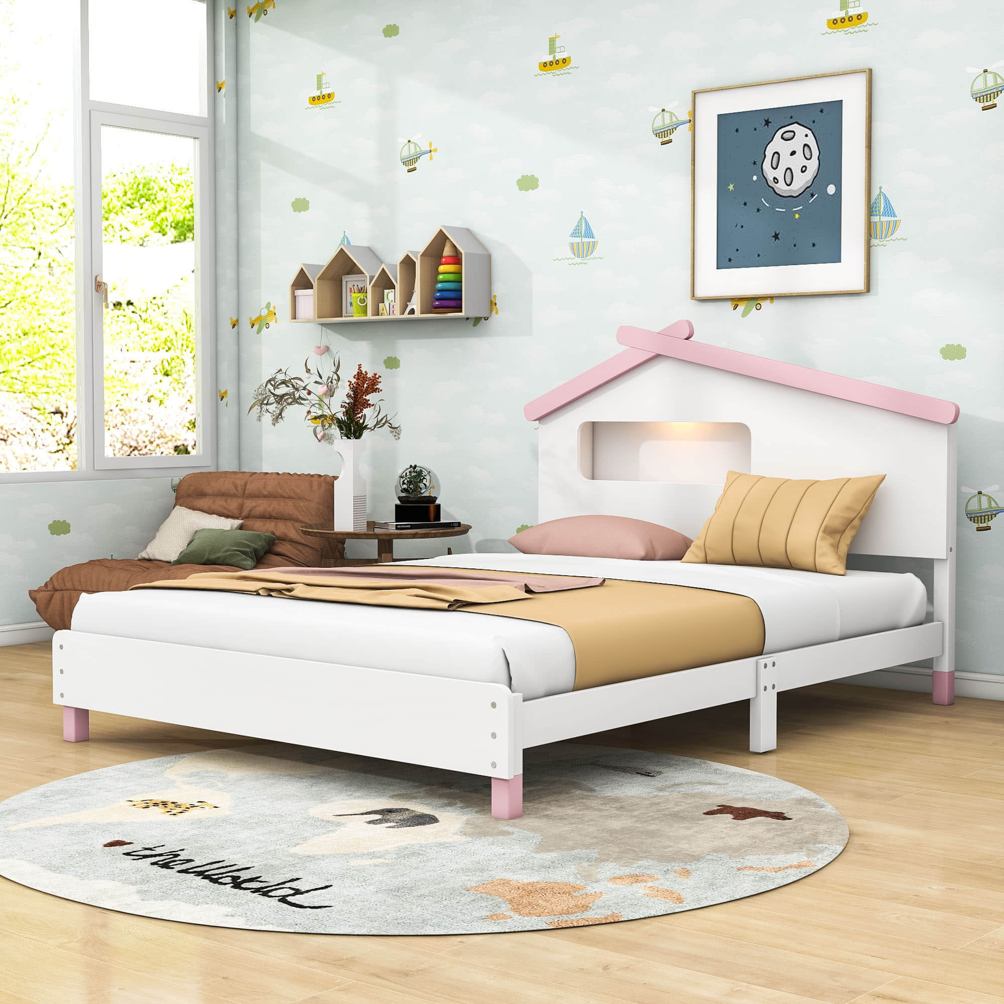 Kids Full Wood Platform Bed with House-Shaped Headboard and LED Lights