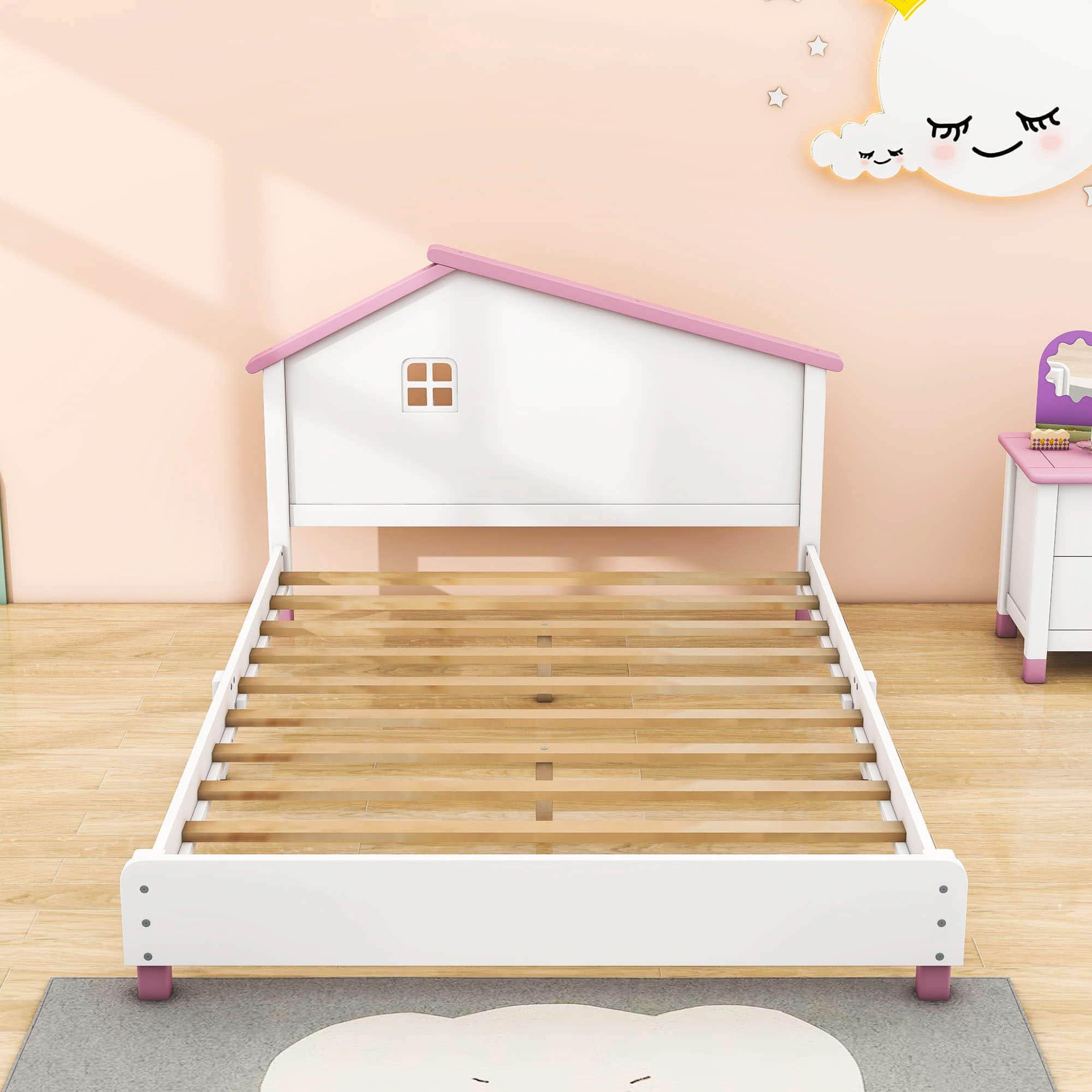 Full Size Wood Platform Bed with House-Shaped Headboard for Girls