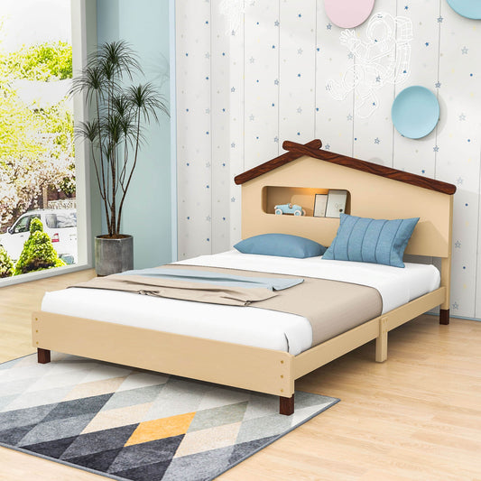 Kids Full Wood Platform Bed with House-Shaped Headboard and LED Lights