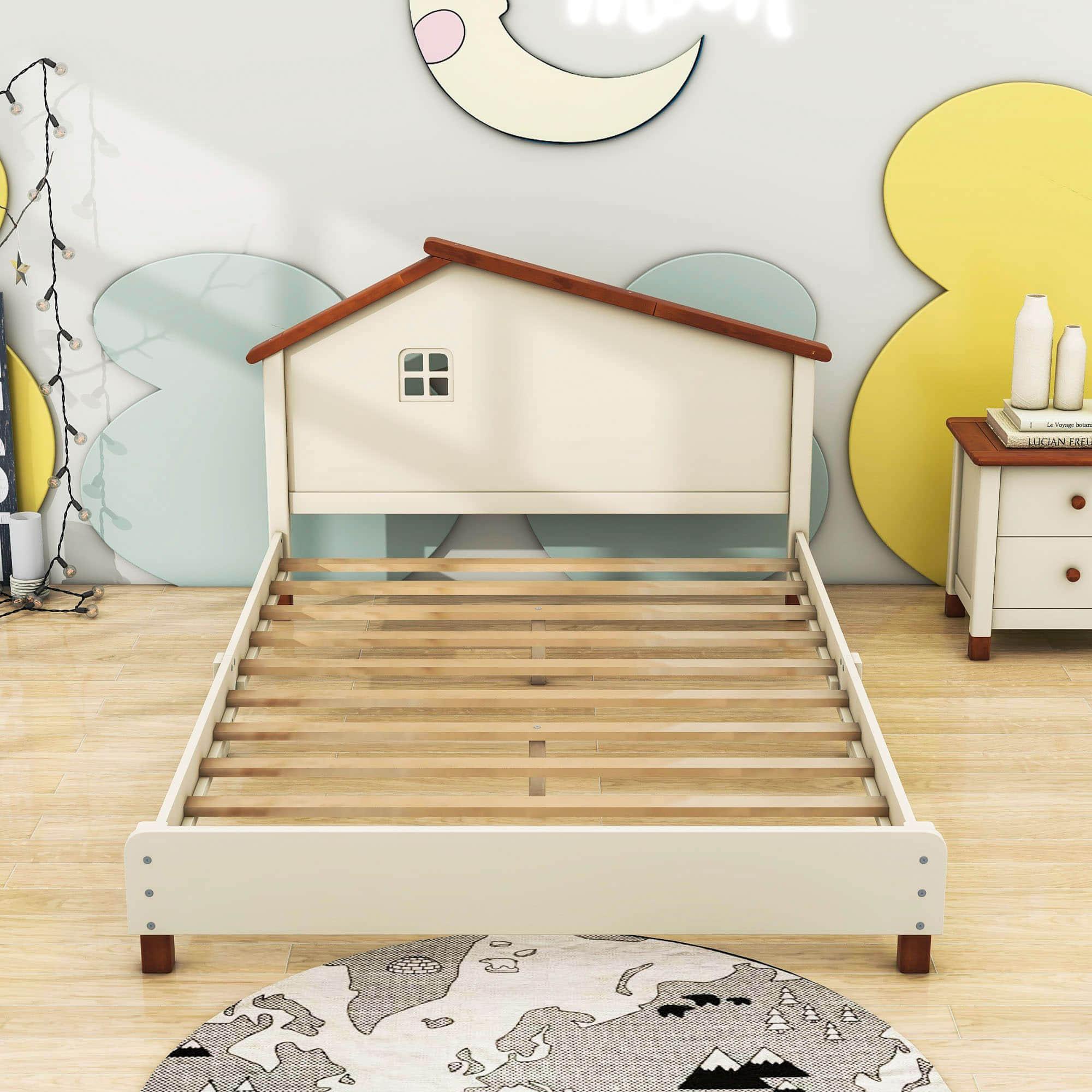 Full Size Wood Platform Bed with House-Shaped Headboard for Girls