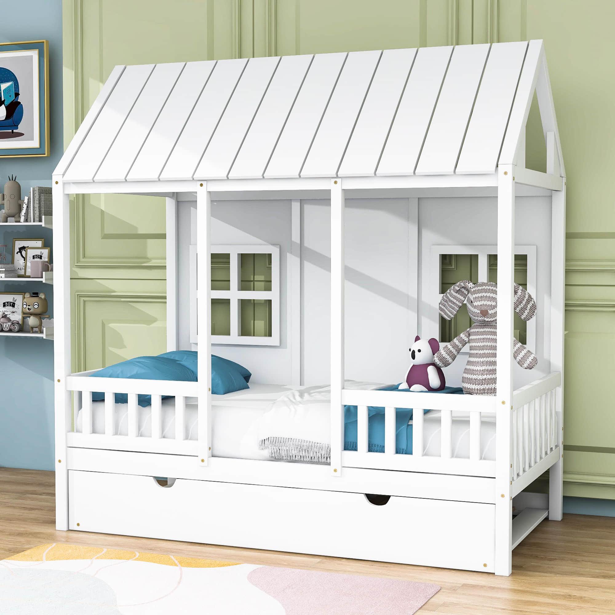 Wooden Twin House Kids Bed with Twin Trundle Bed and Rails