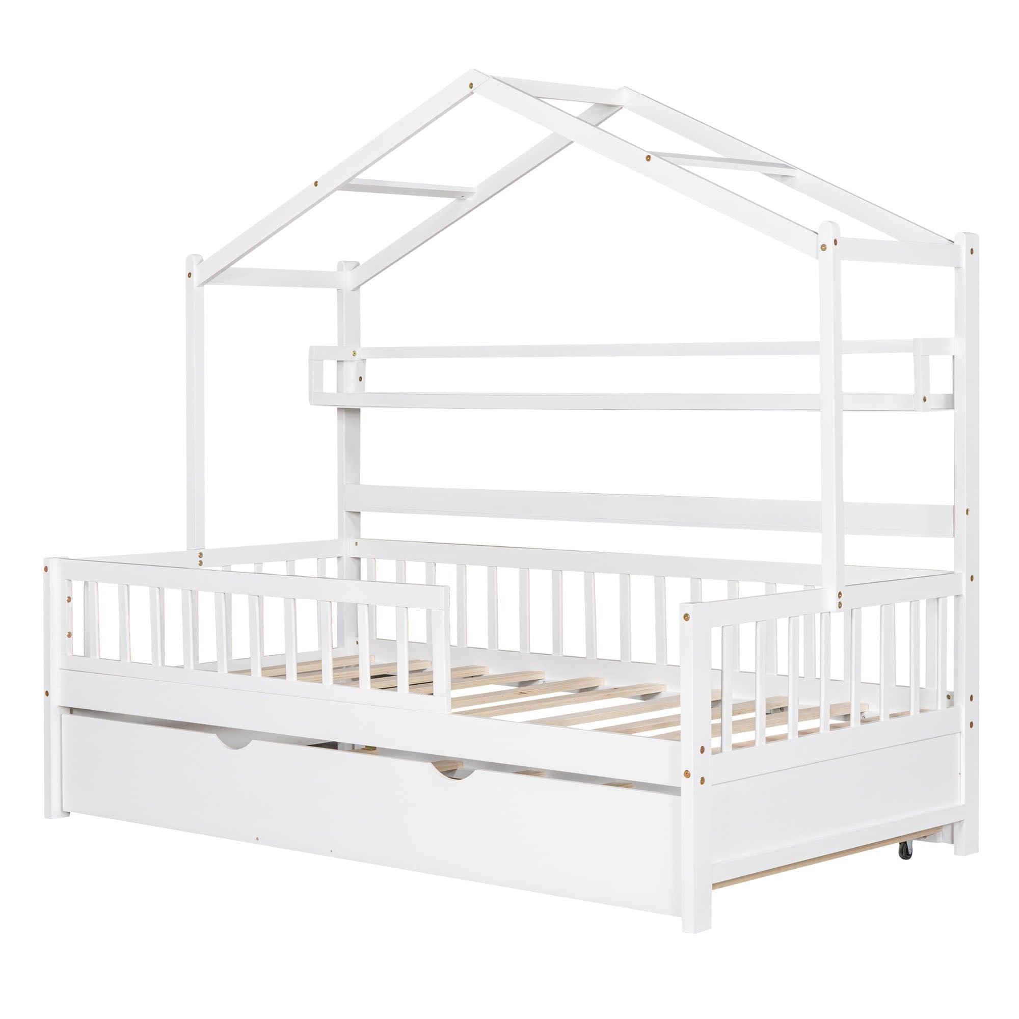 Wood Twin Size Low House Bed Frame with Storage and Twin Trundle Bed