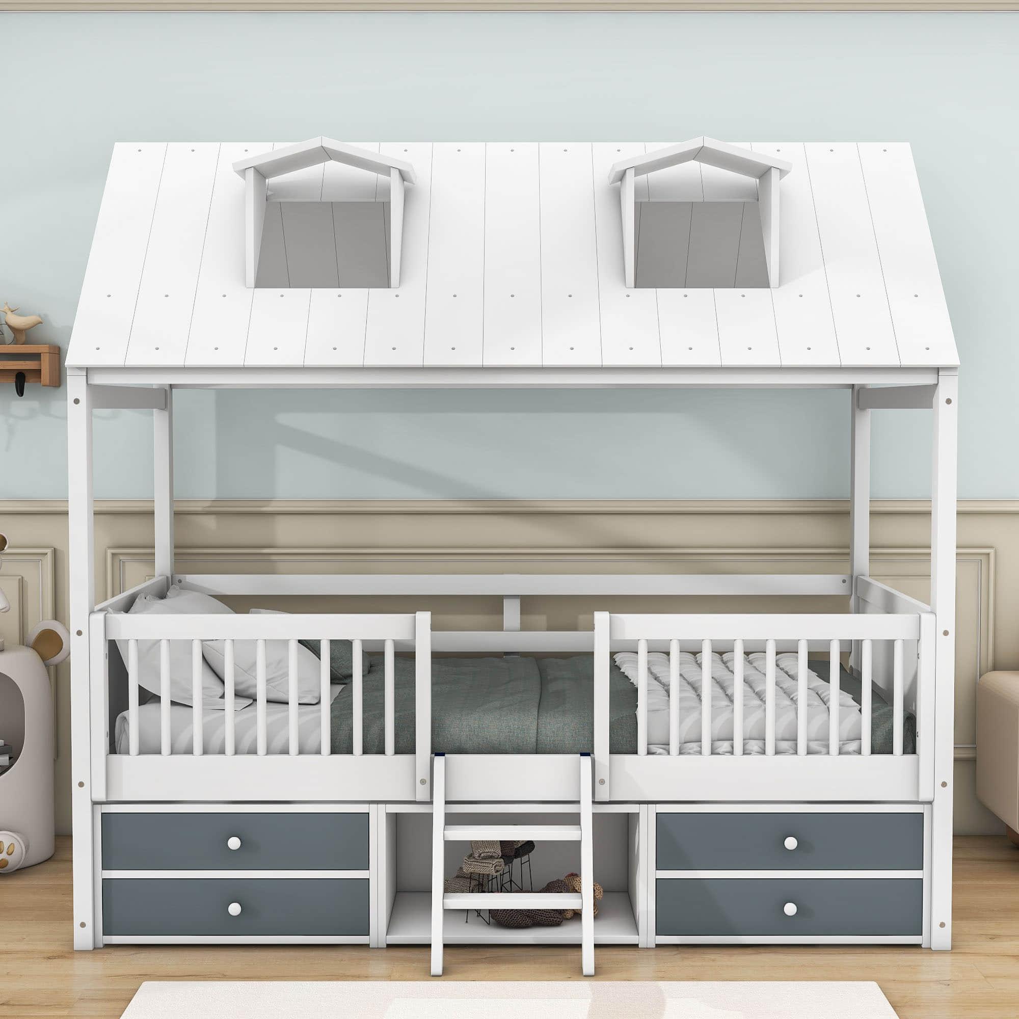 Low Twin Size Loft House Bed with Storage for Kids, Toddler - [Wooden]