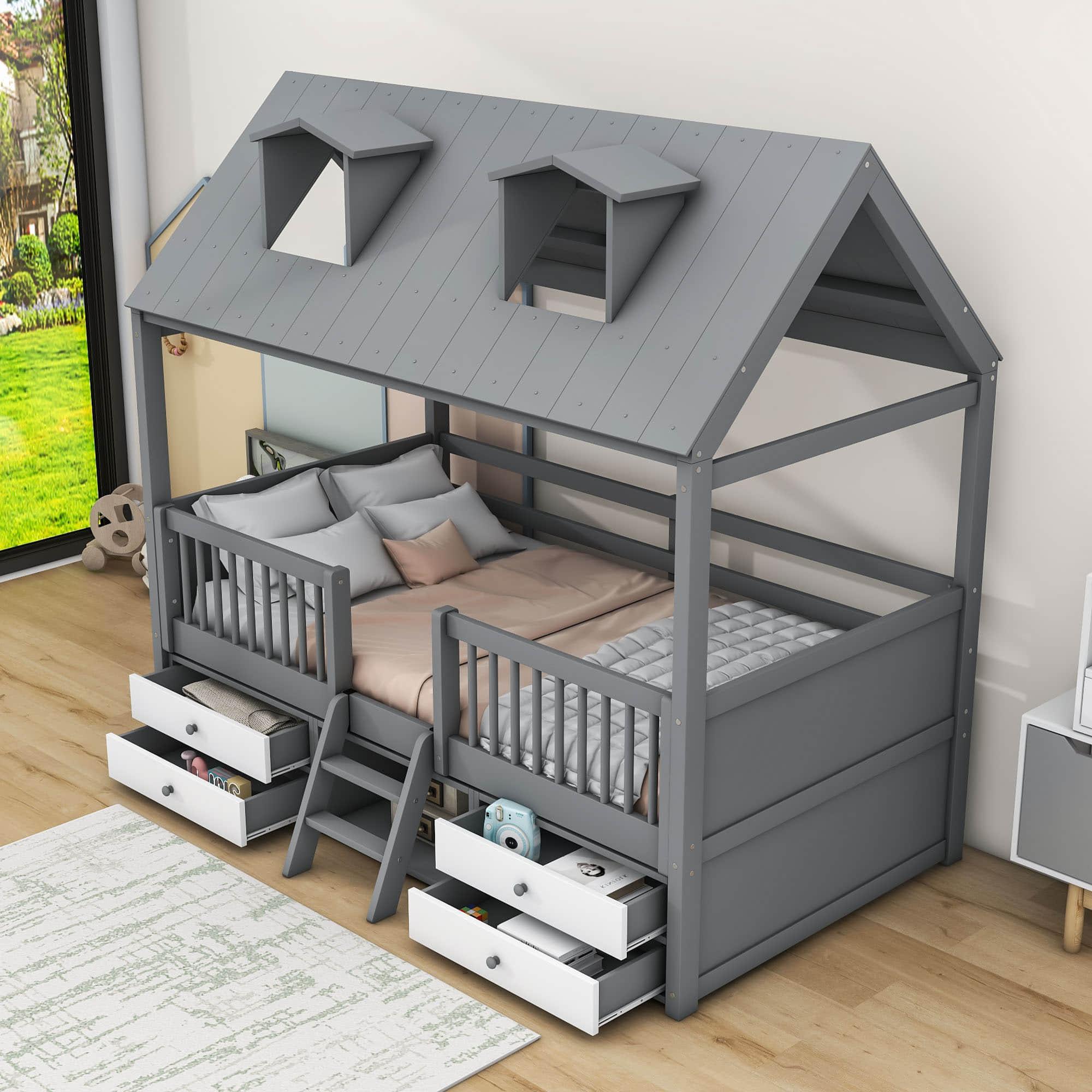 Low Twin Size Loft House Bed with Storage for Kids, Toddler - [Wooden]