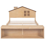 Kids Full Size Wood House Platform Bed Frame with LED Lights and Storage