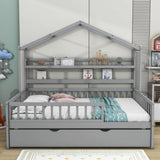 Wood Full Size Low House Bed Frame with Storage and Twin Trundle Bed