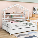 Wood Full Size Low House Bed Frame with Storage and Twin Trundle Bed