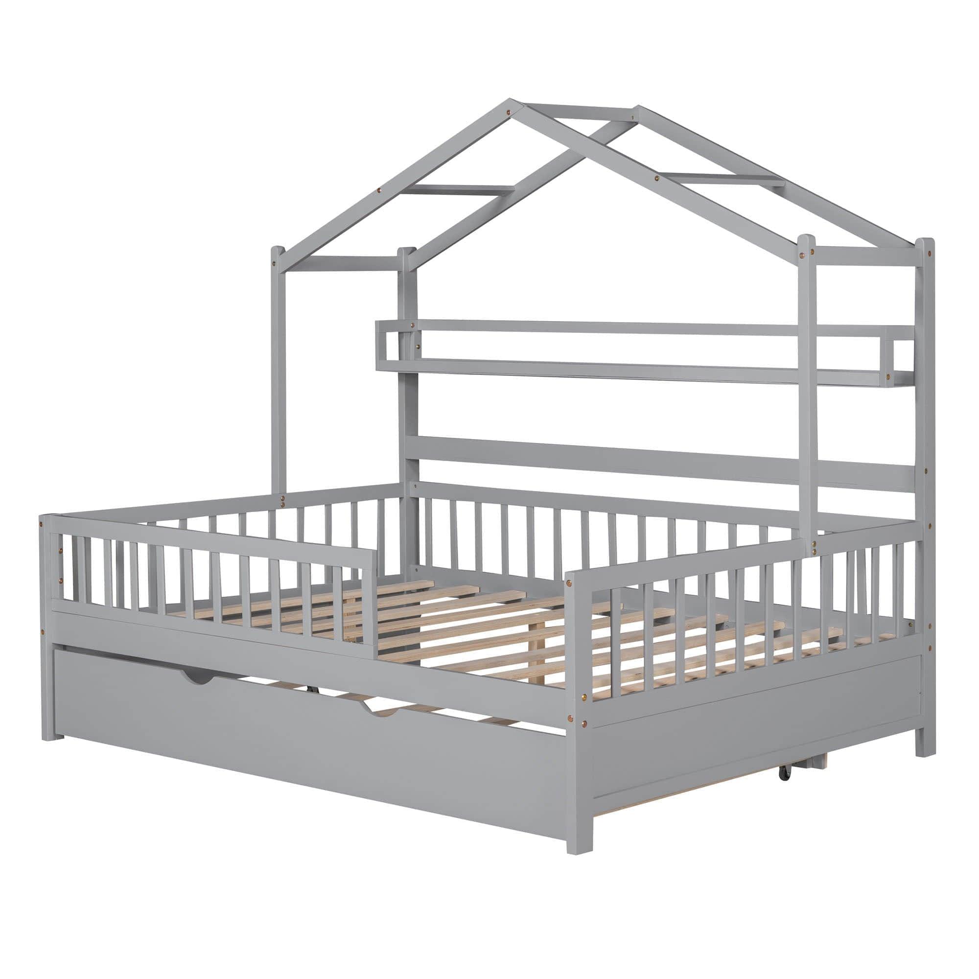 Wood Full Size Low House Bed Frame with Storage and Twin Trundle Bed