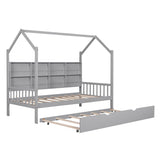 Twin Size Kids House Bed Frame with Twin Trundle and Shelf above Bed