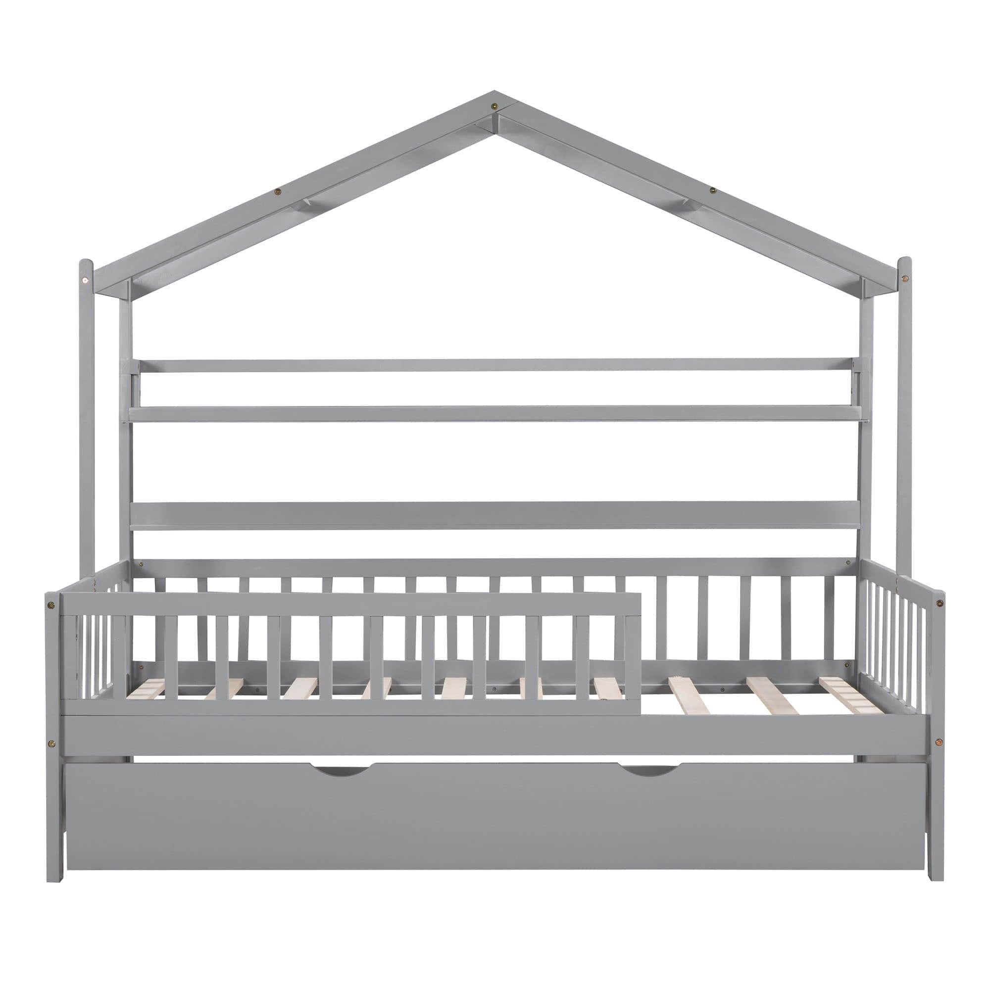 Wood Twin Size Low House Bed Frame with Storage and Twin Trundle Bed