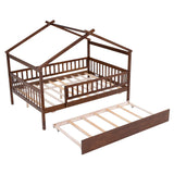 Wooden Full Size House Bed Frame with Twin Trundle for Kids, Toddler