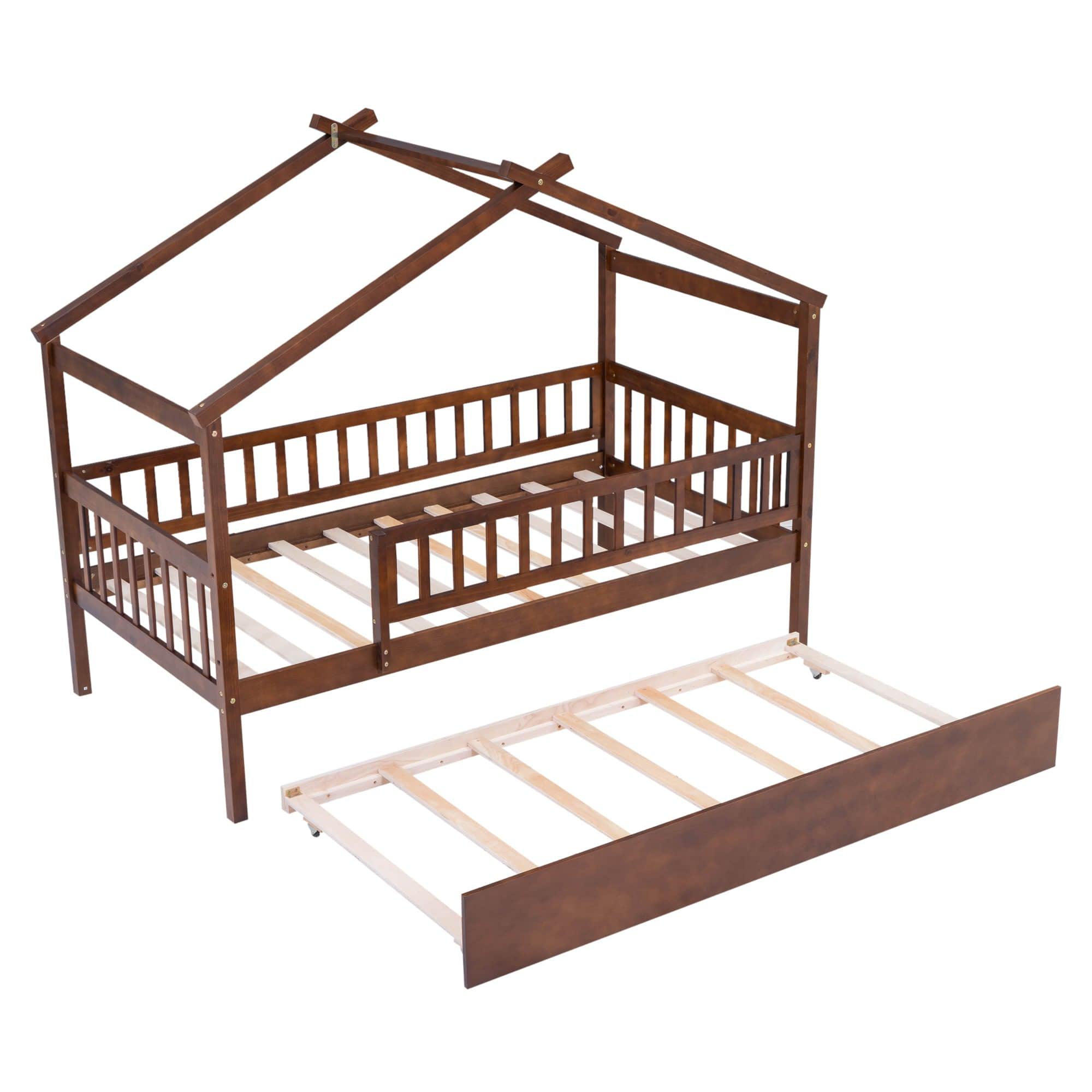 Wooden Twin House Bed with Twin Trundle for Kids, Toddler