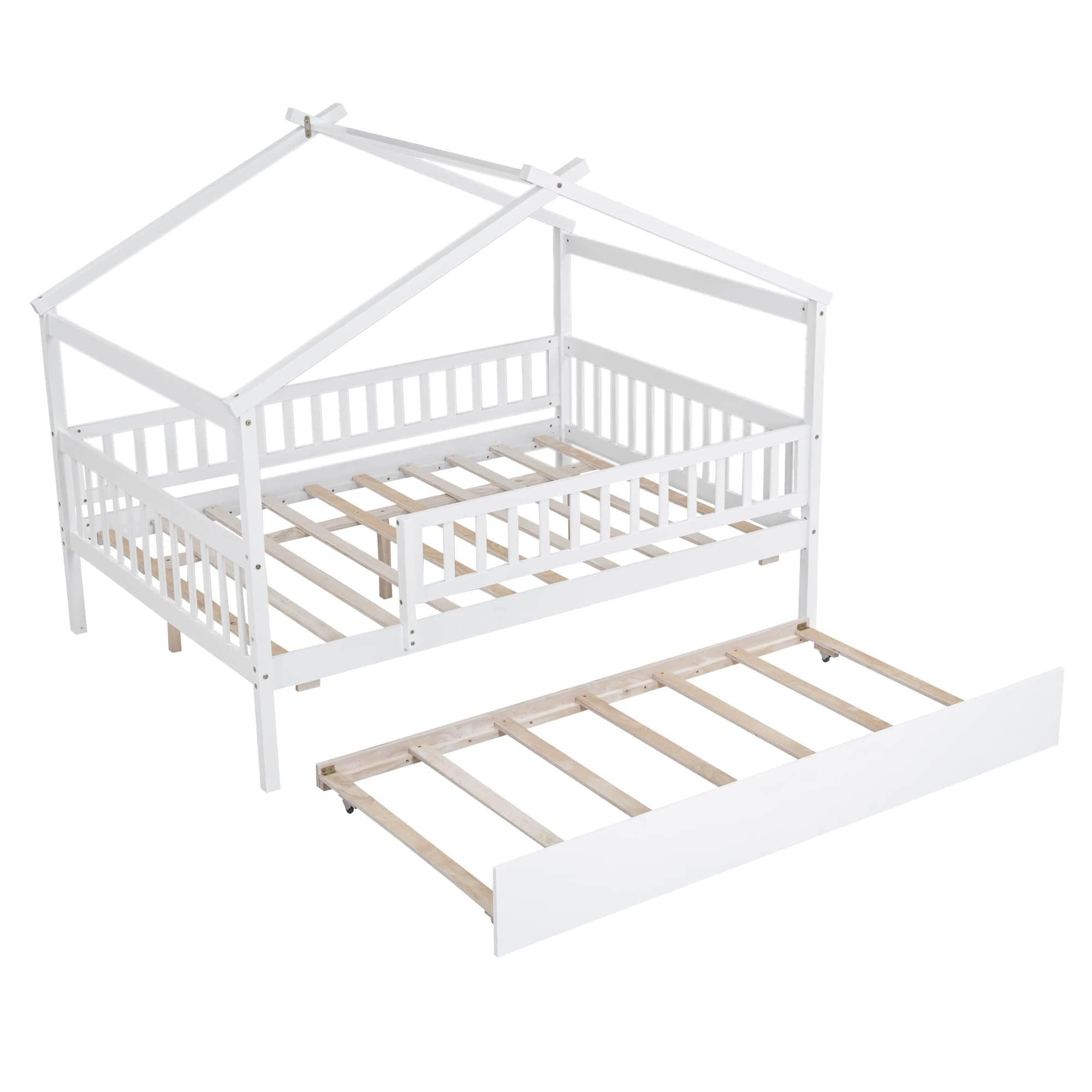 Wooden Full Size House Bed Frame with Twin Trundle for Kids, Toddler