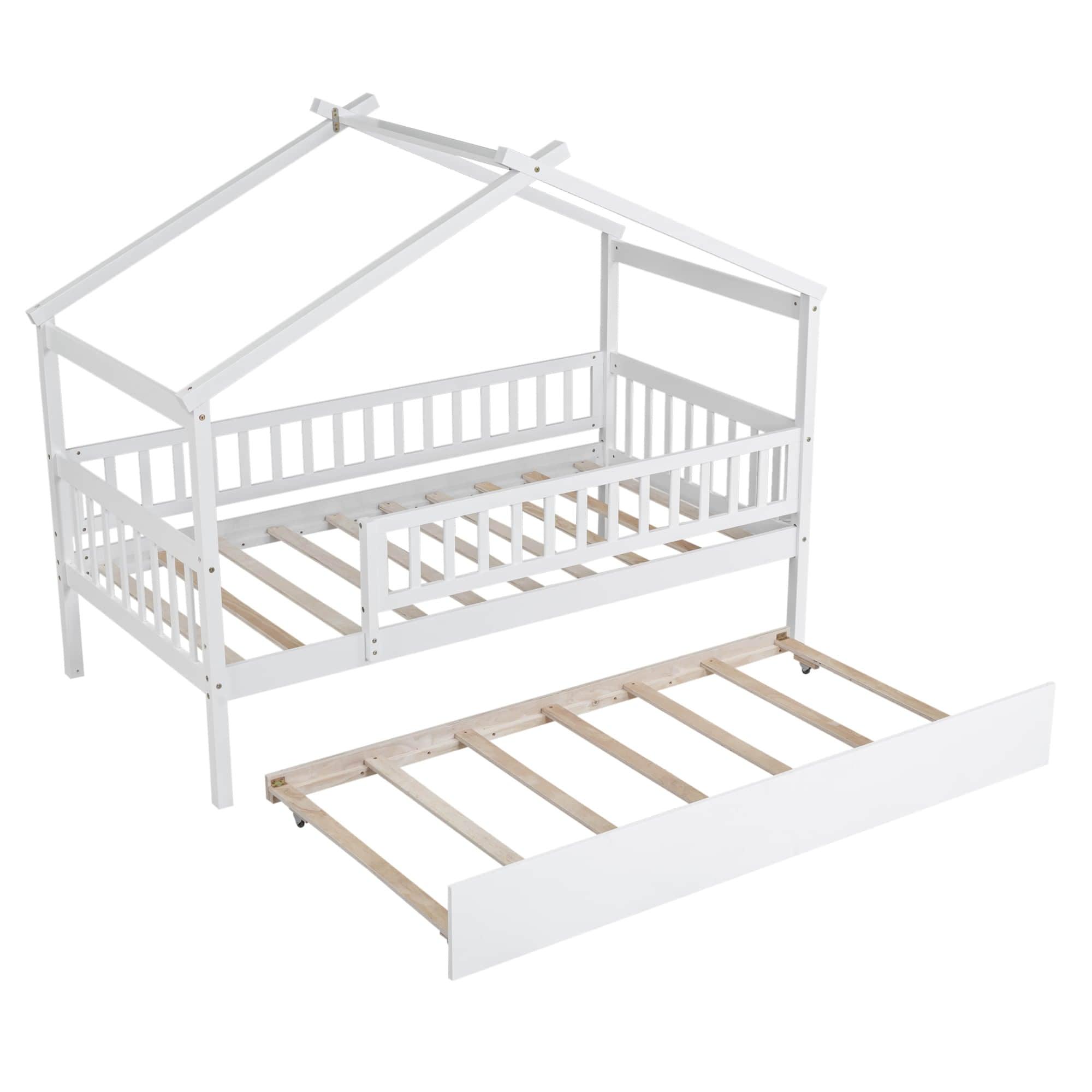 Wooden Twin House Bed with Twin Trundle for Kids, Toddler