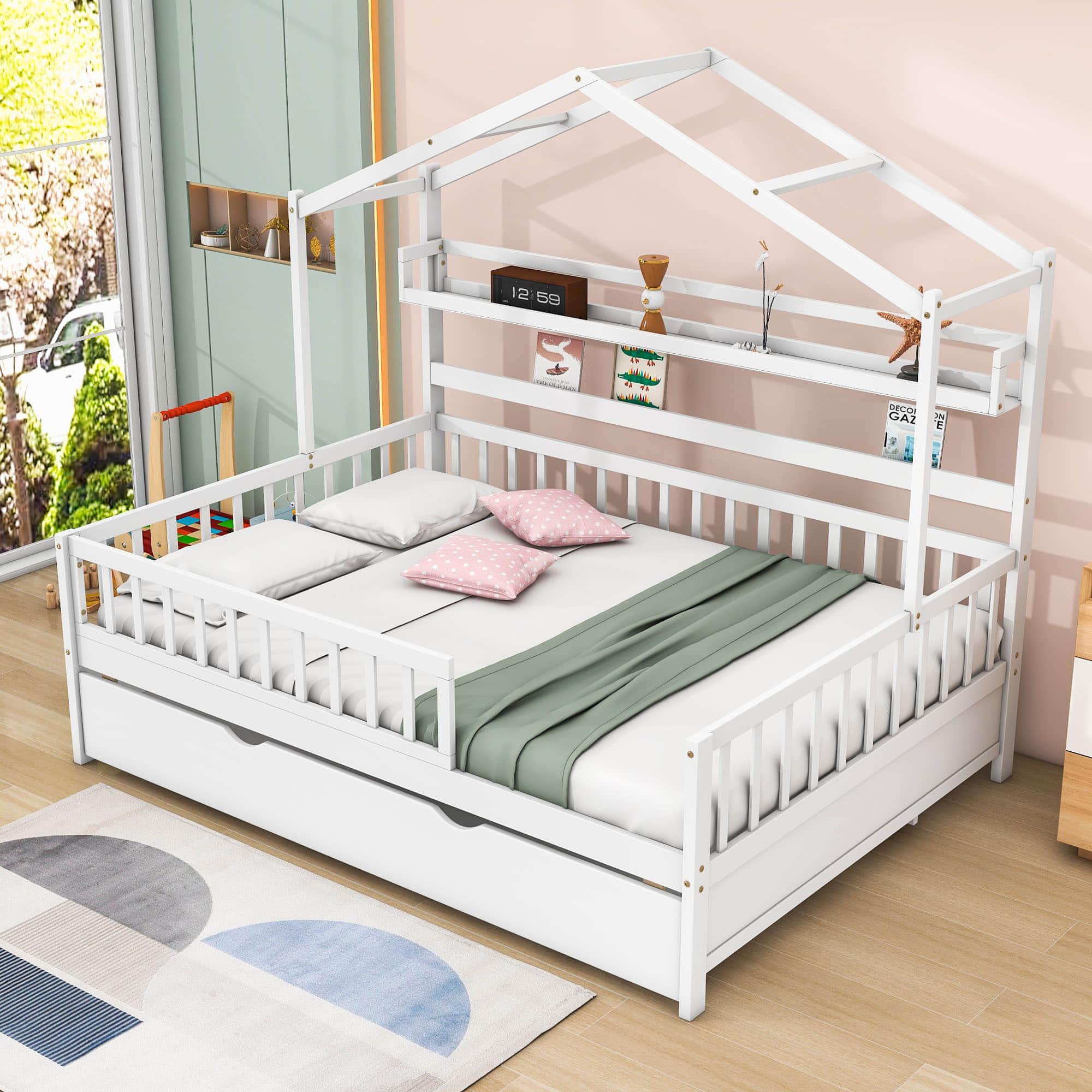 Wood Full Size Low House Bed Frame with Storage and Twin Trundle Bed