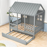 Wooden Full Size Kids House Bed with Twin Trundle Bed and Rails