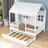 Wooden Full Size Kids House Bed with Twin Trundle Bed and Rails