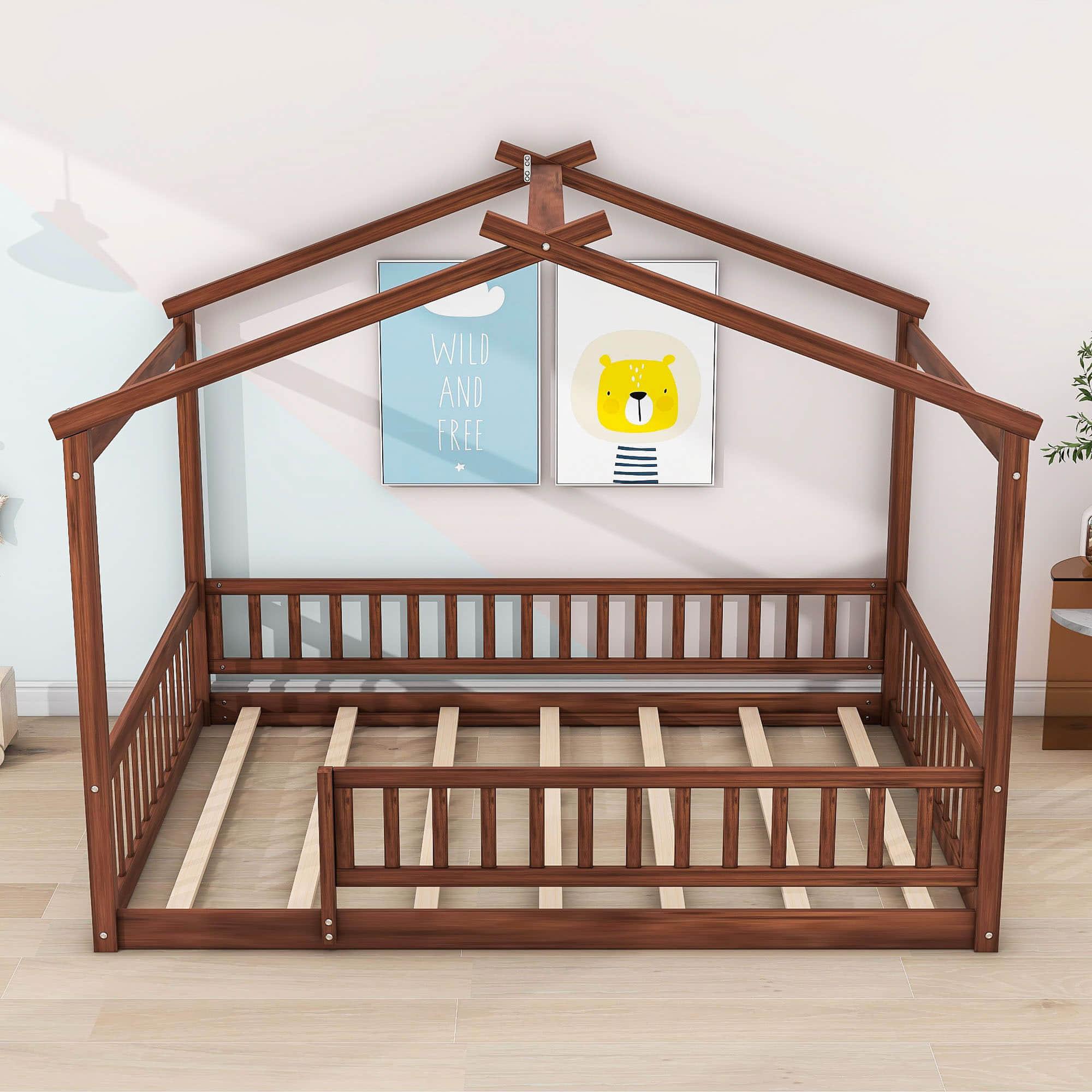 Full Size Wood House Kids Toddler Floor Bed with Rails