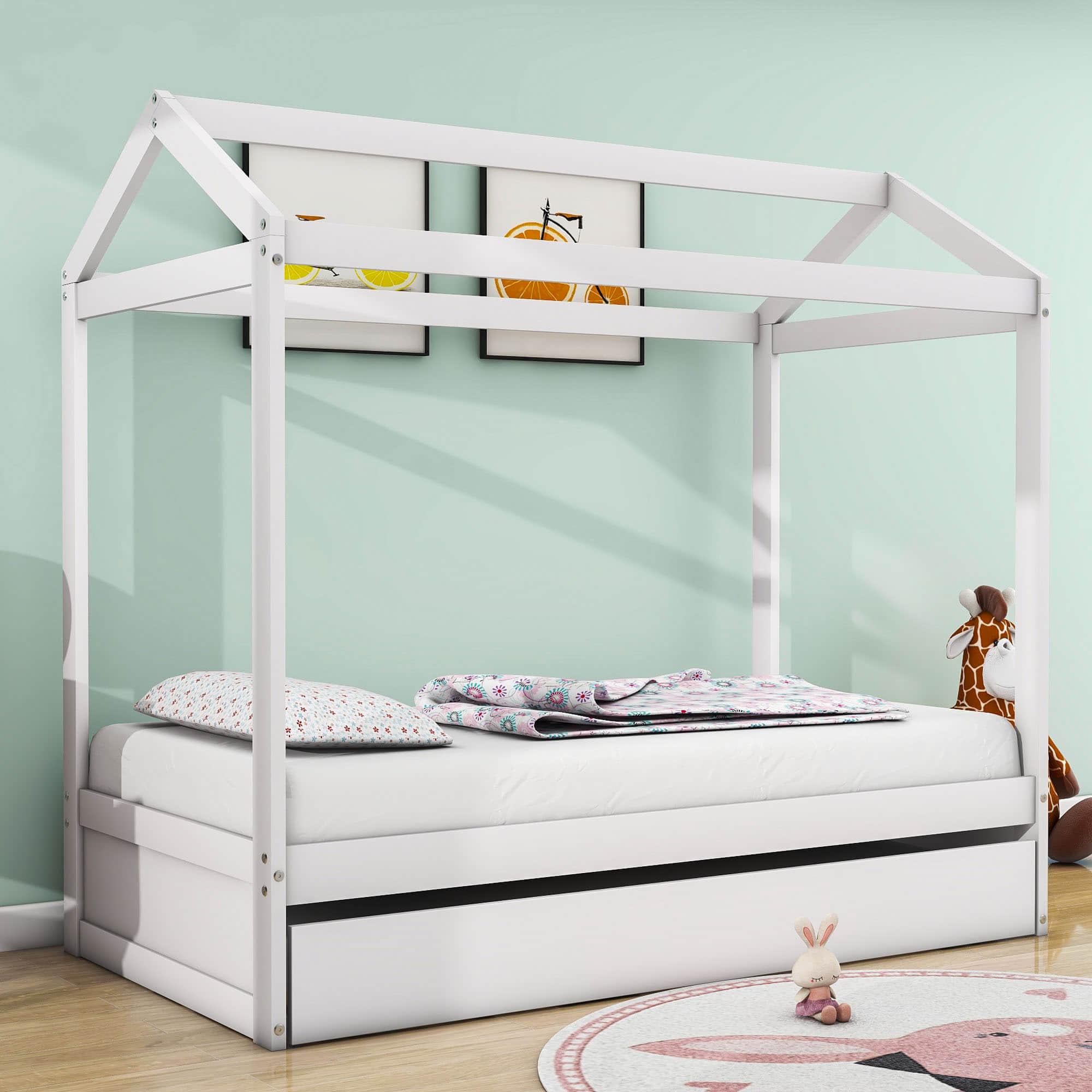 Wooden Kids Twin House Bed with Twin Trundle Bed