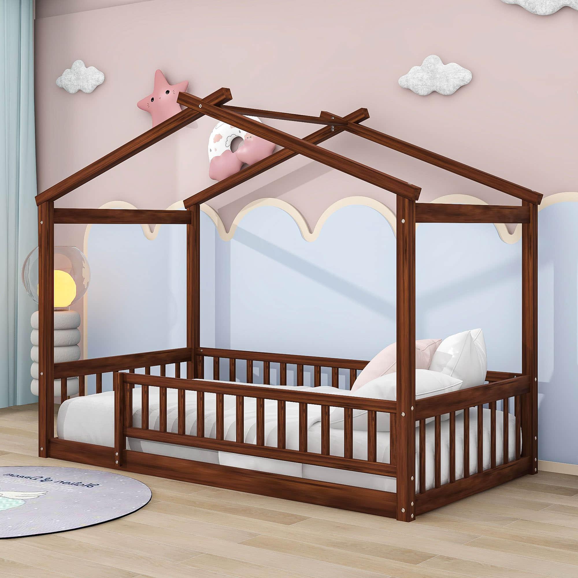 Twin Wood House Kids Toddler Floor Bed with Rails