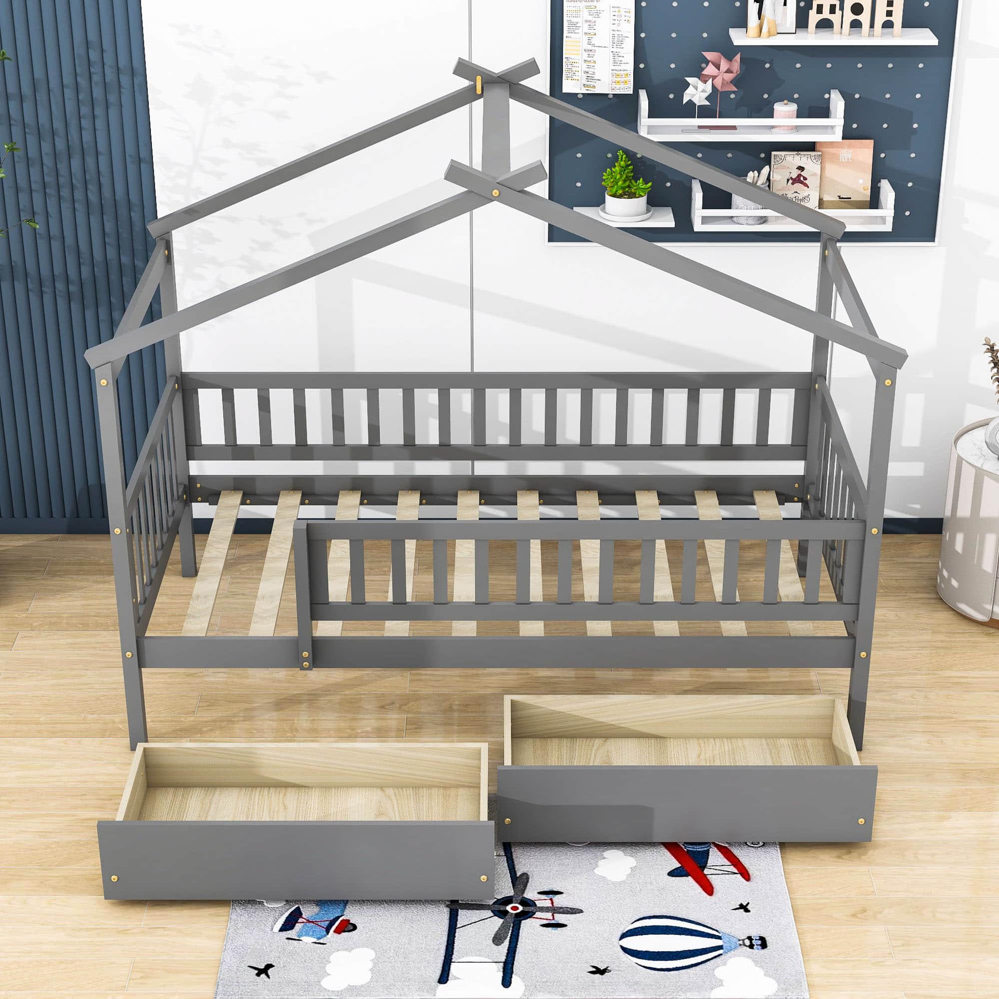 Twin Size Wood House Toddler Bed Frame with Rails and Storage