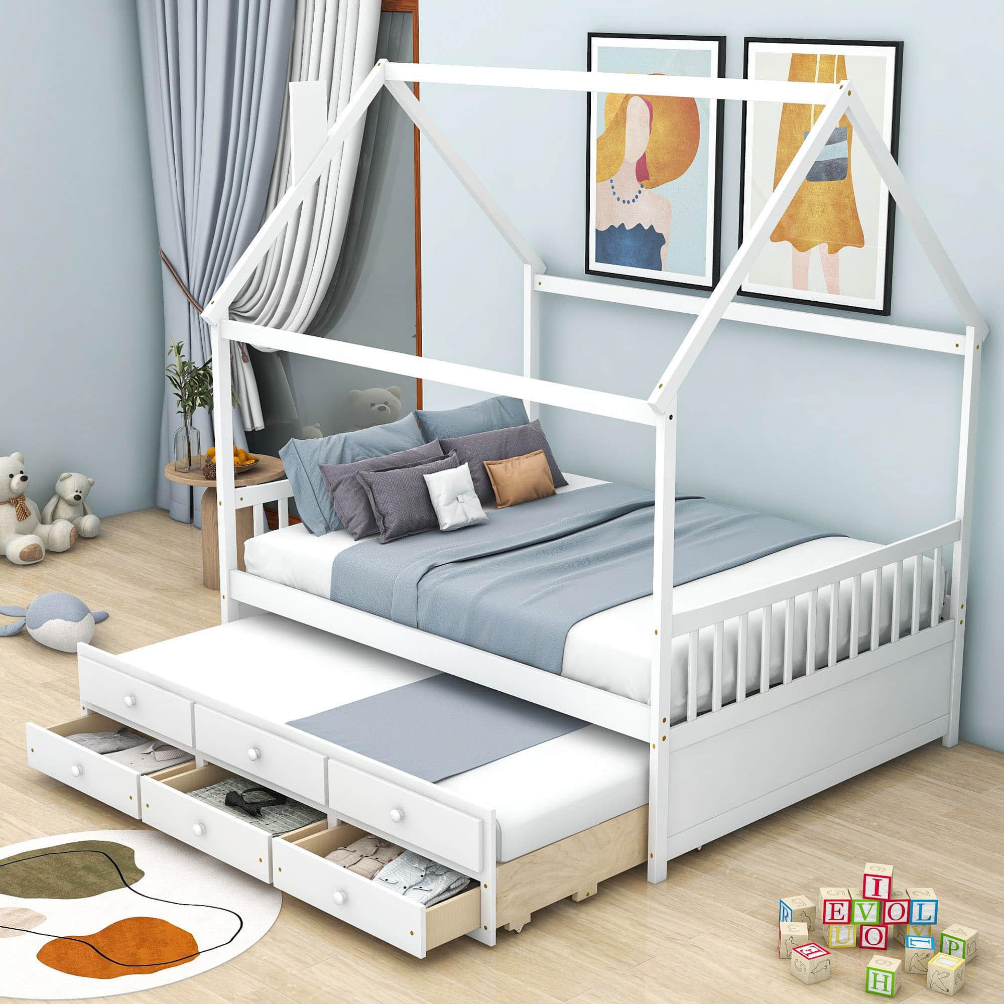 Full Size Kids Wooden House Bed Frame with Trundle and Storage