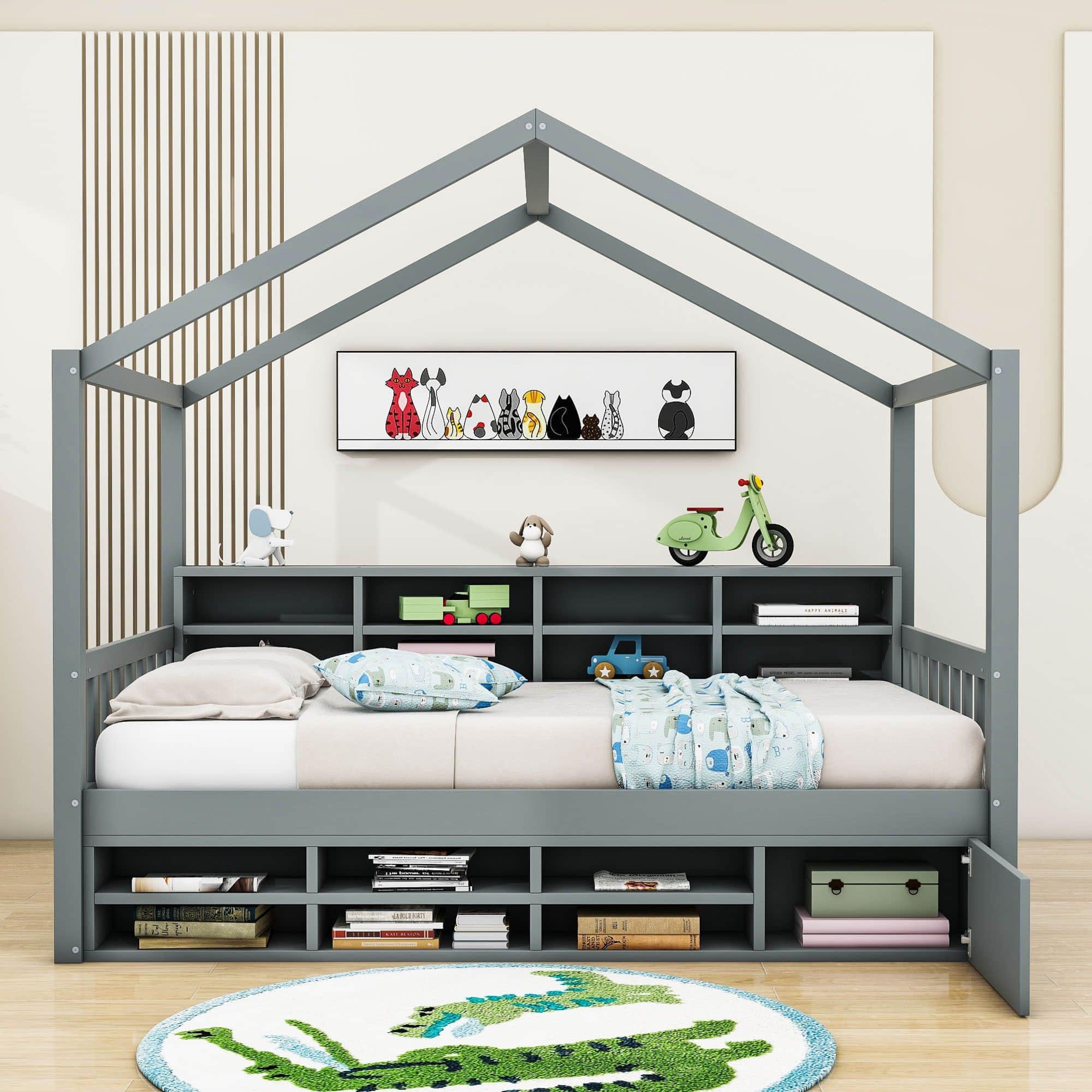 Wood Twin Size House Storage Bed Frame with Shelves and Mini-Cabinet