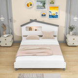 Kids Full Wood Platform Bed with House-Shaped Headboard and LED Lights