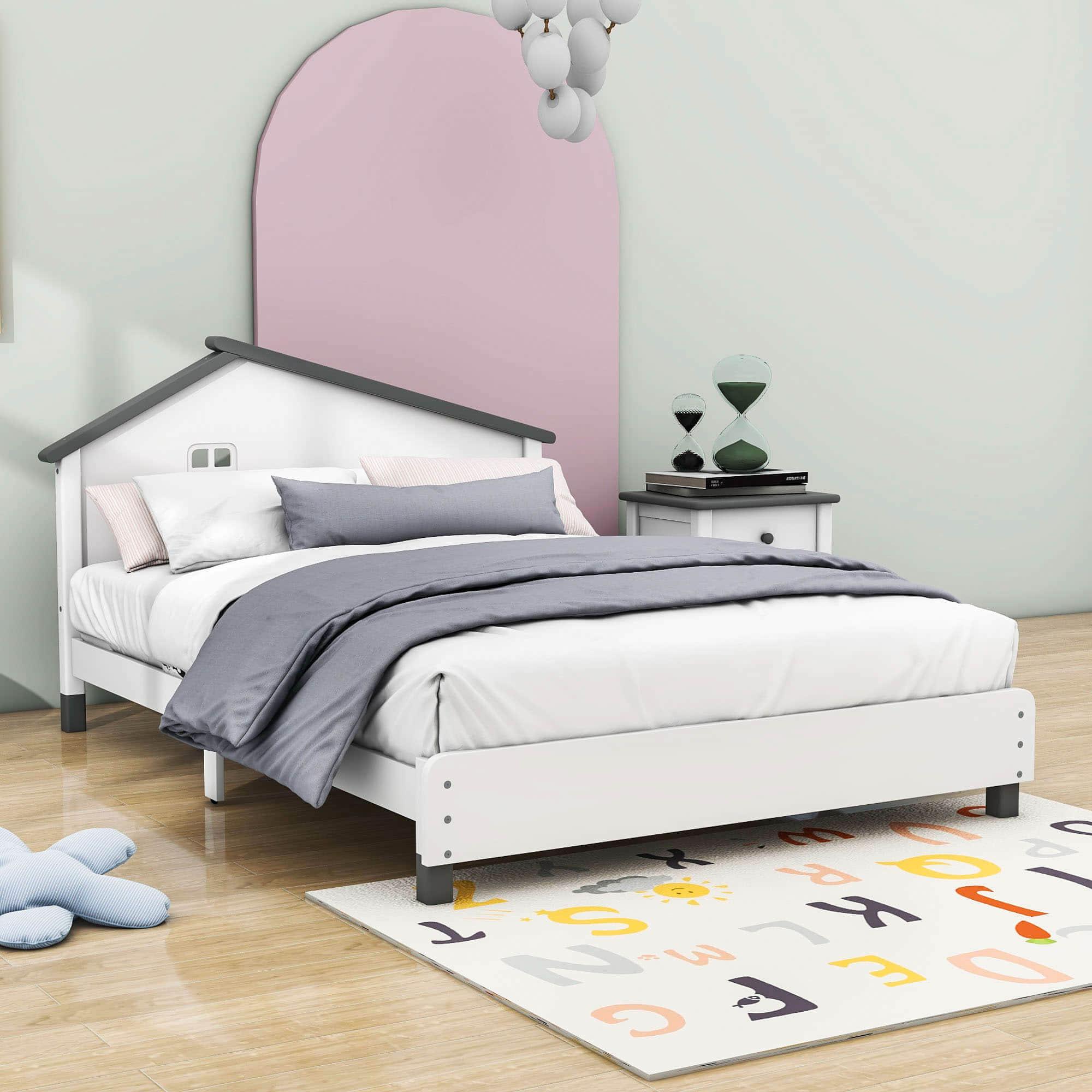 Full Size Wood Platform Bed with House-Shaped Headboard for Girls