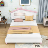 Kids Full Wood Platform Bed with House-Shaped Headboard and LED Lights