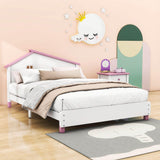 Full Size Wood Platform Bed with House-Shaped Headboard for Girls