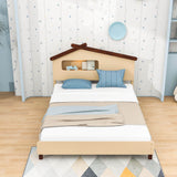 Kids Full Wood Platform Bed with House-Shaped Headboard and LED Lights