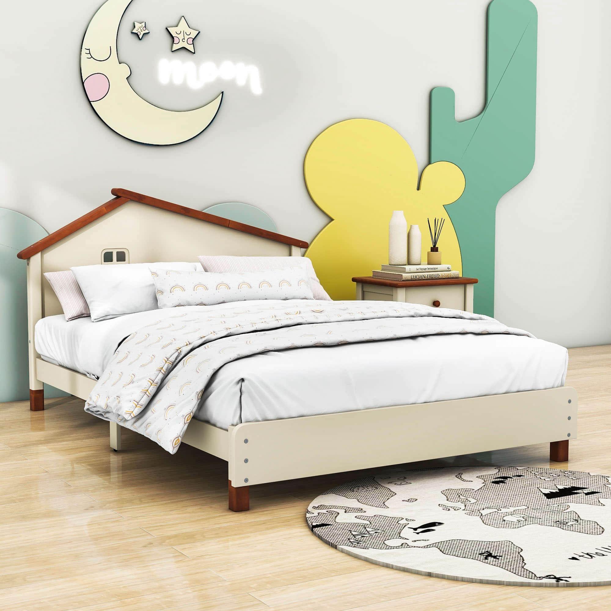 Full Size Wood Platform Bed with House-Shaped Headboard for Girls