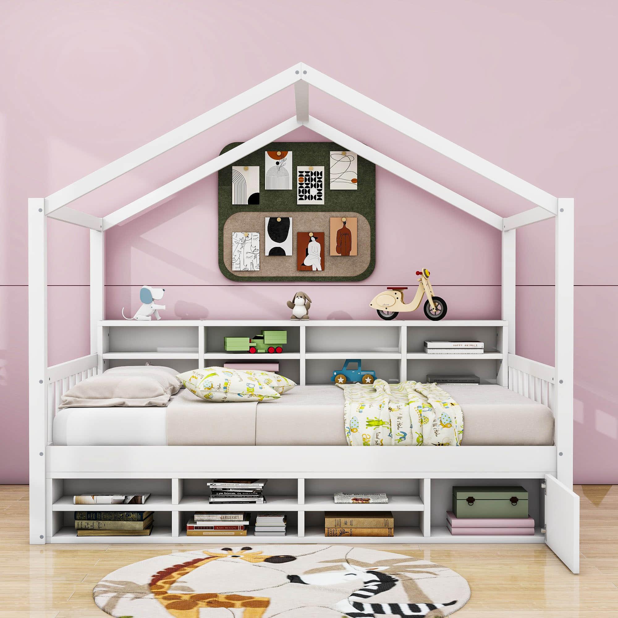 Wood Twin Size House Storage Bed Frame with Shelves and Mini-Cabinet