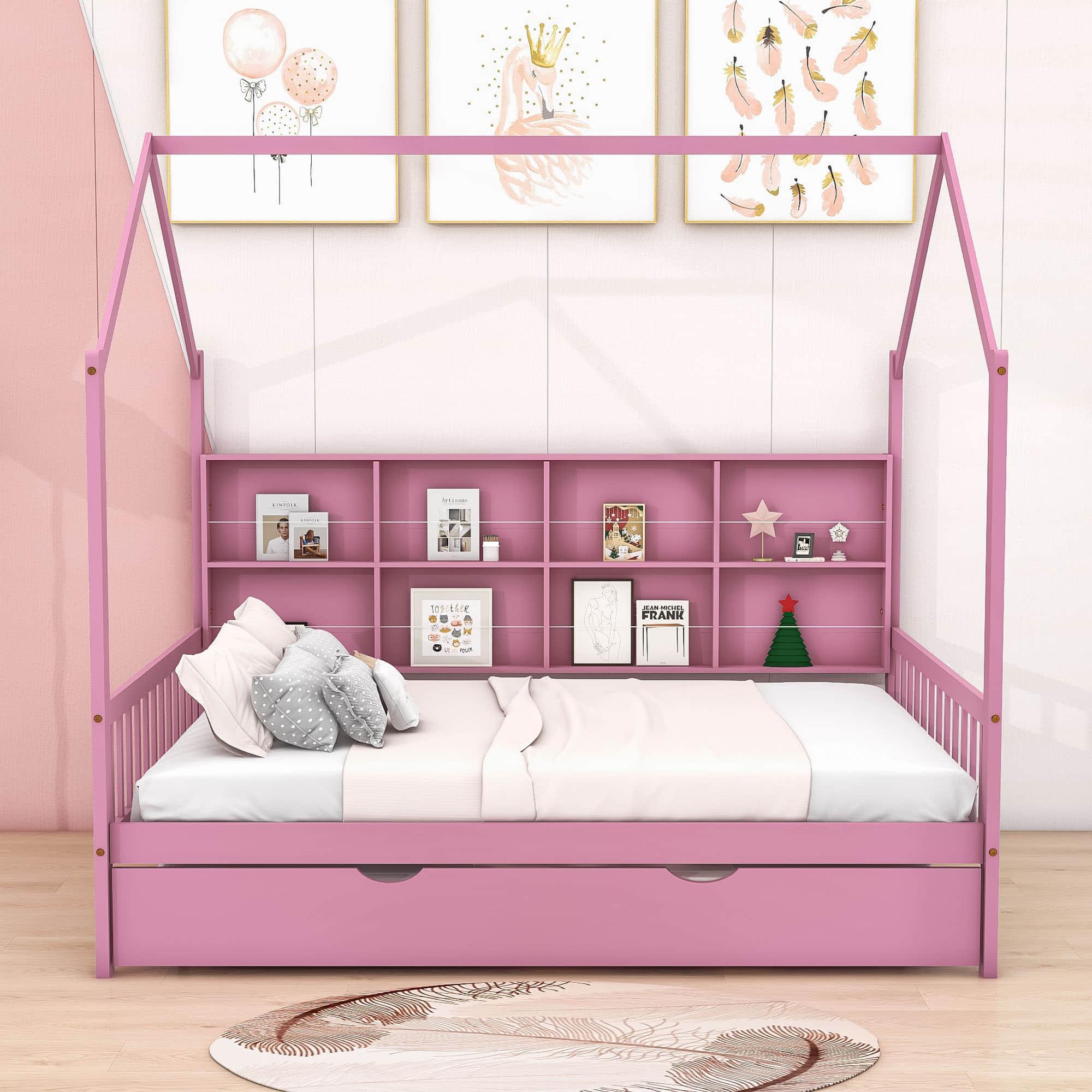 Wooden Kids House Full Size Bed with Trundle, Storage and Headboard - [Shelves]