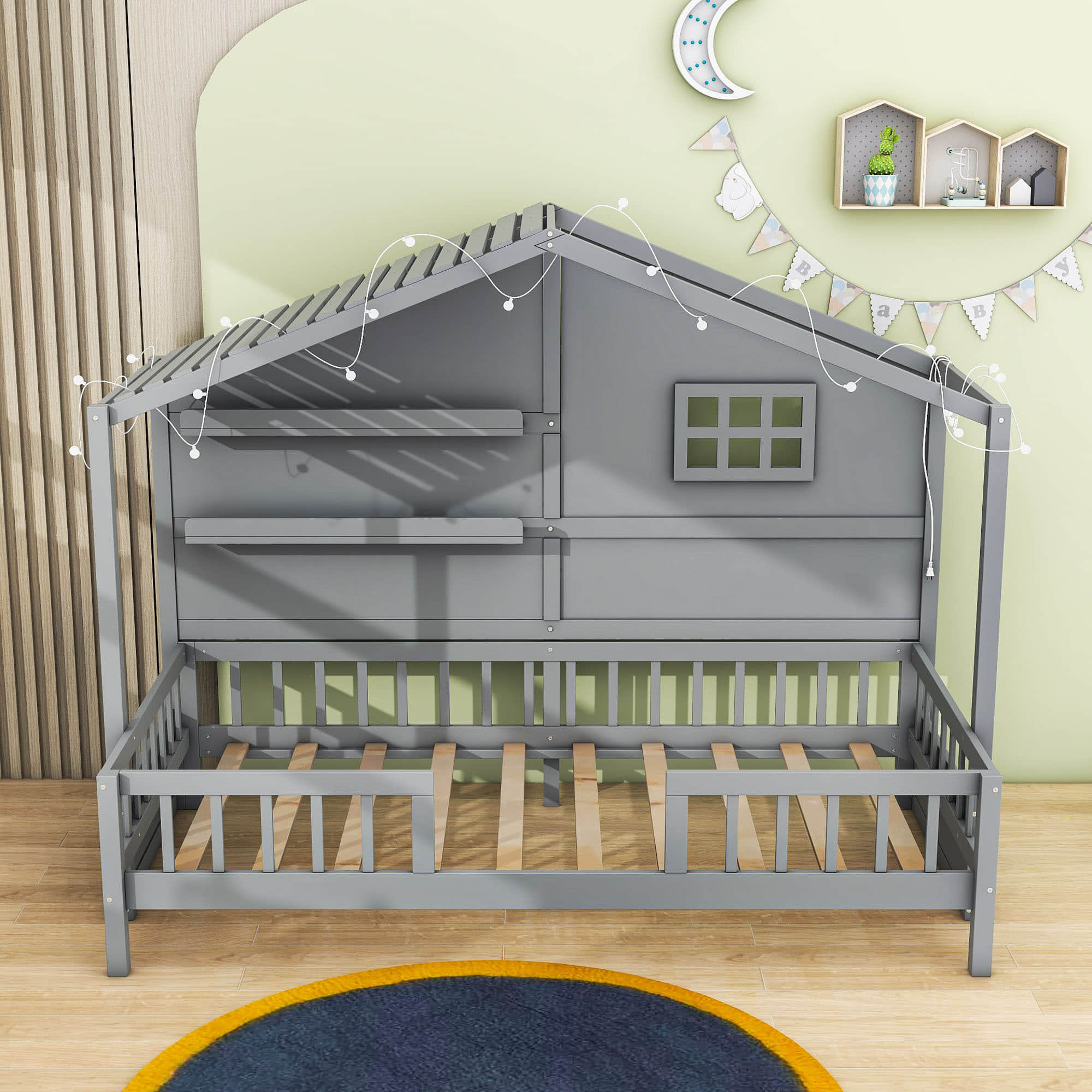 Low Profile Twin House Bed Frame for Kids with Rails and Light Strip