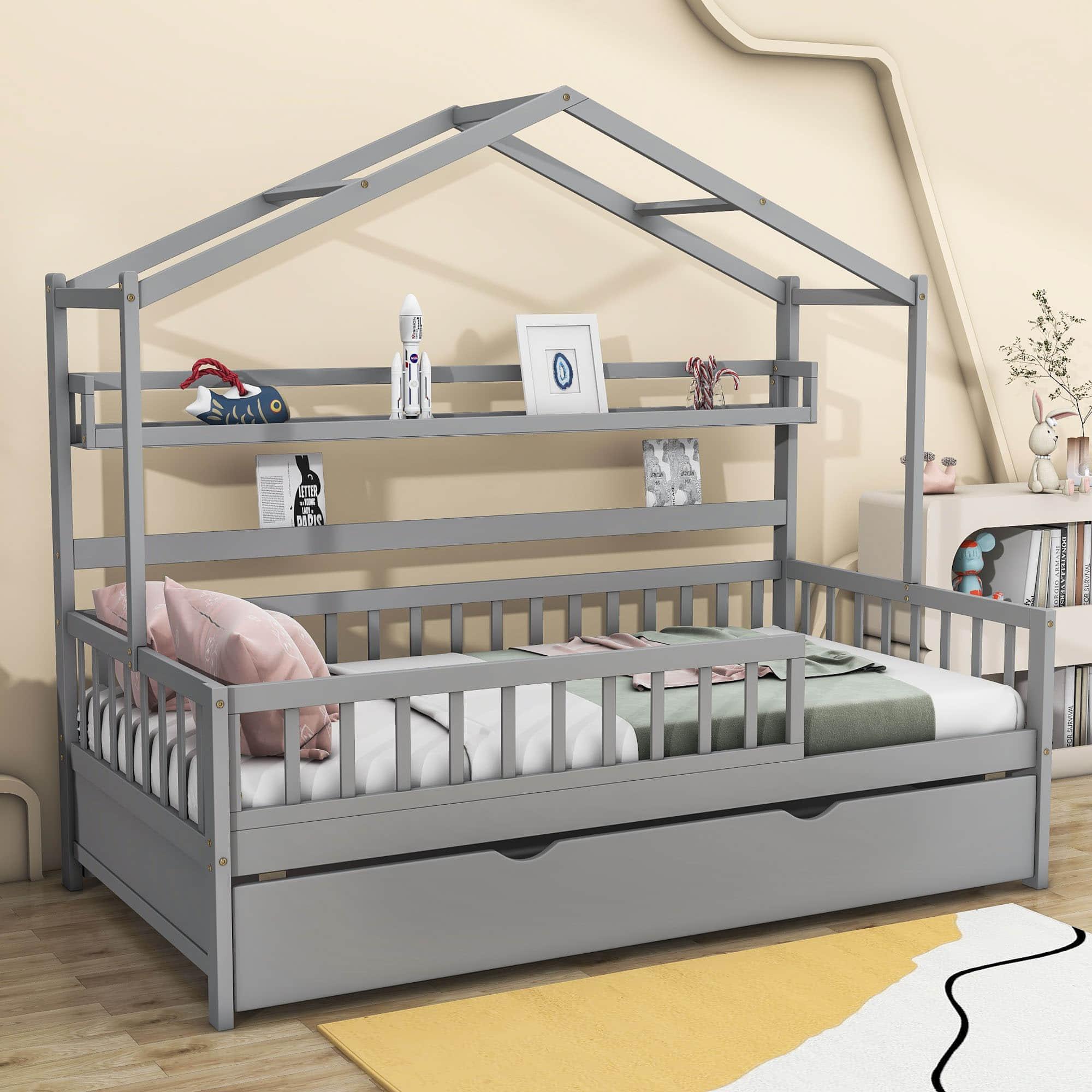 Wood Twin Size Low House Bed Frame with Storage and Twin Trundle Bed