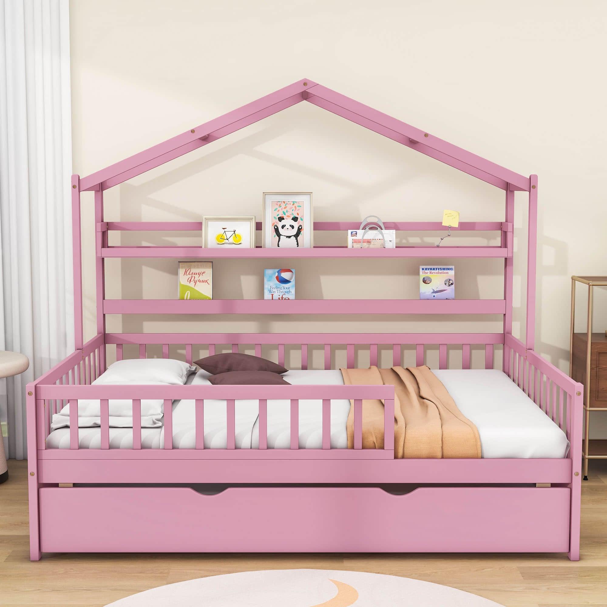 Wood Full Size Low House Bed Frame with Storage and Twin Trundle Bed