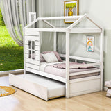 Kids Twin House Bed with Twin Trundle Bed and Rails