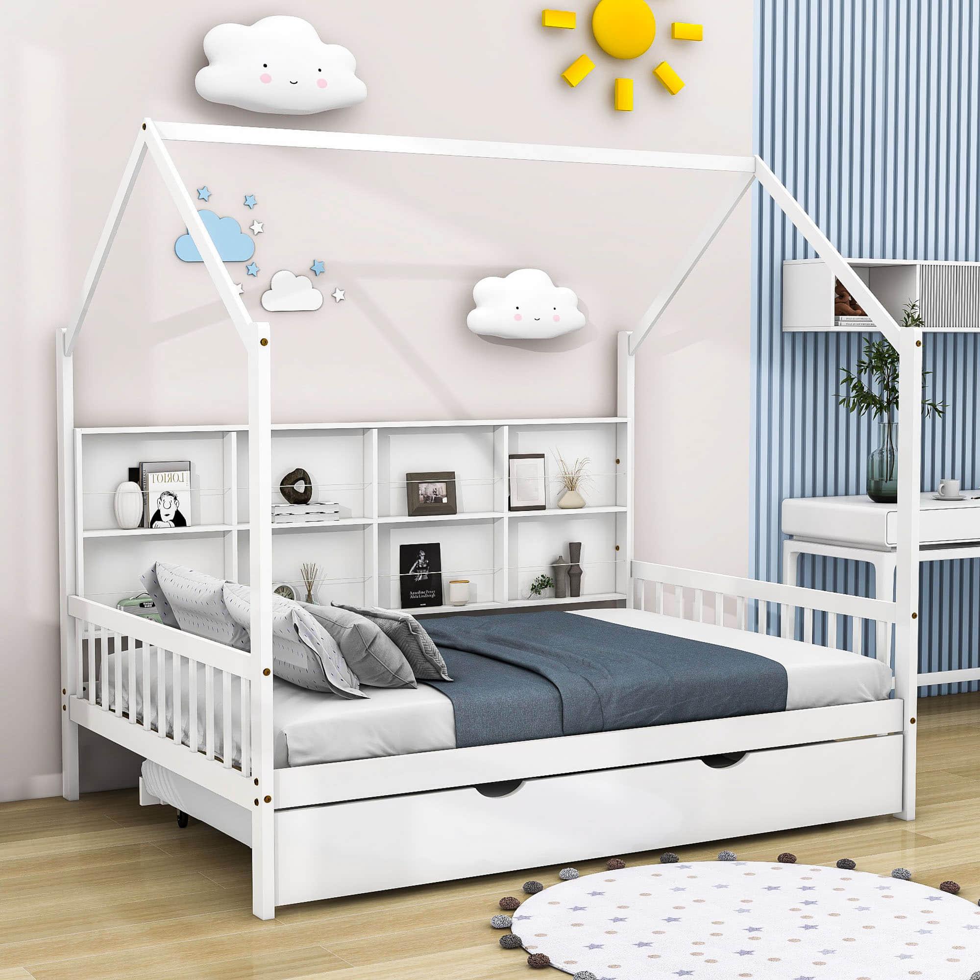 Wooden Kids House Full Size Bed with Trundle, Storage and Headboard - [Shelves]