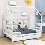 Wooden Kids House Full Size Bed with Trundle, Storage and Headboard - [Shelves]