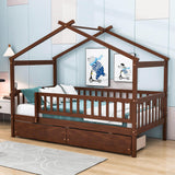 Twin Size Wood House Toddler Bed Frame with Rails and Storage