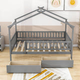 Full Size Wood House Toddler Bed Frame with Rails and Storage